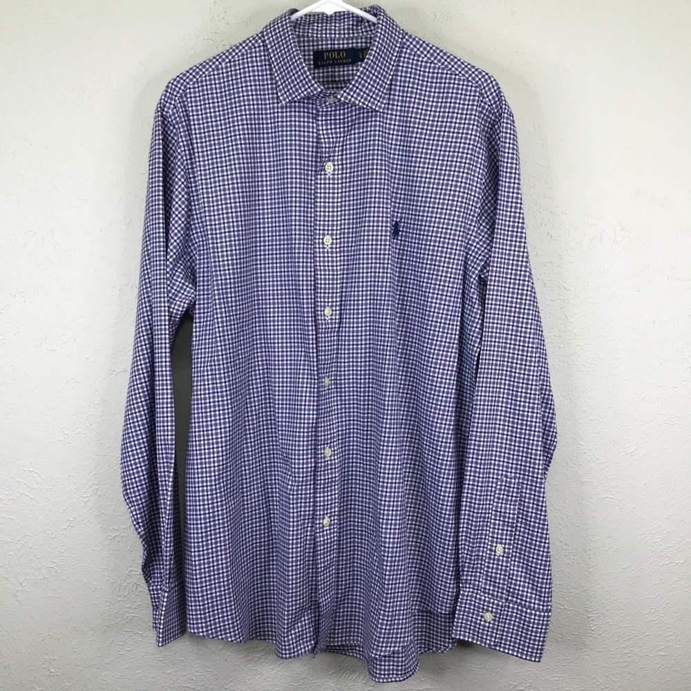 Polo Ralph Lauren Button Down Mens L Purple Blue Gingham Check Long Sleeve Shirt